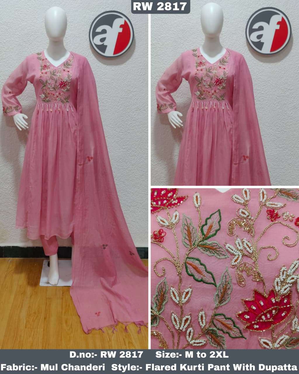 D.NO:- RW 2817 BY ANJU FABRICS IN MUL CHANDERI FLARED KURTI PANT WITH DUPATTA 