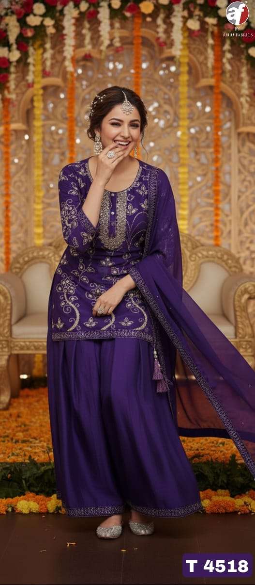 D.NO:- T 4518 BY ANJU FABRICS IN PURE DOLA SILK WITH  PURE HEAVY  HANDWORK 