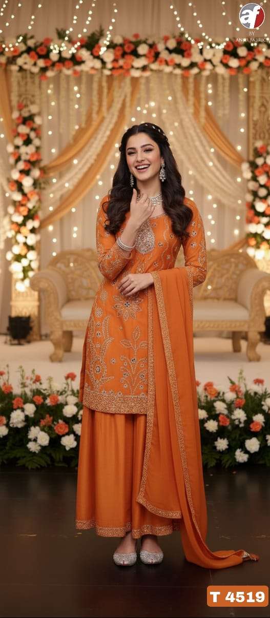 D.NO:- T 4519 BY ANJU FABRICS IN PURE DOLA SILK WITH  PURE HEAVY  HANDWORK 