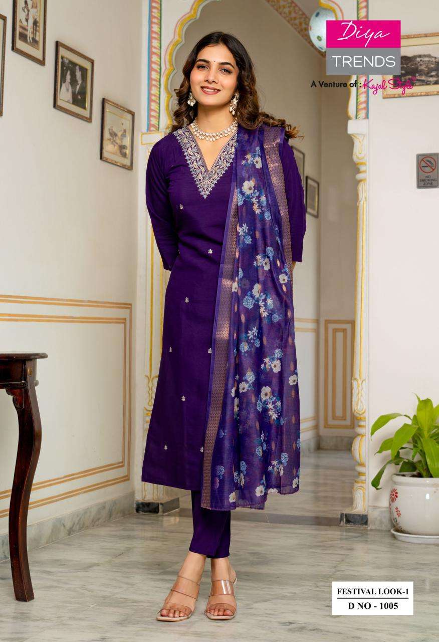 FESTIVAL LOOK BY DIYA TRENDZ IN ROMAN SILK STRAIGHT KURTI WITH PANT & DUPATTA 