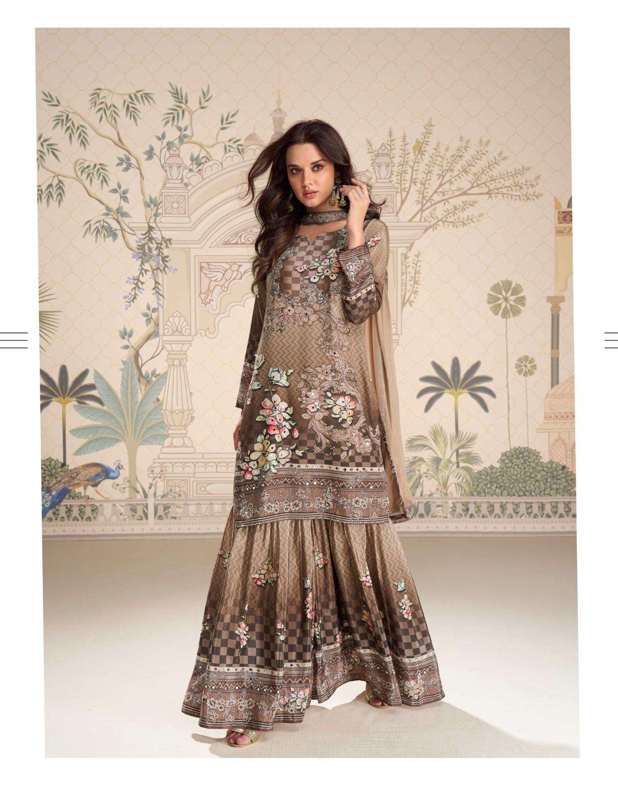 KIRTI BY SAYURI DESIGNER IN PREMIUM REAL CREP SILK STYLIST LOOK EMBLISSIED MIRROR WORK 