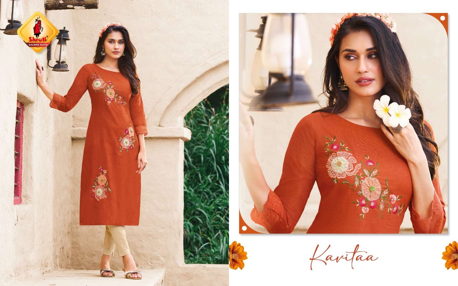 KKASHISH VOL-36 BY SHRUTI SUITS IN PURE COTTON LINEN STYLISH EMBROIDERY WORK KURTI PANT 