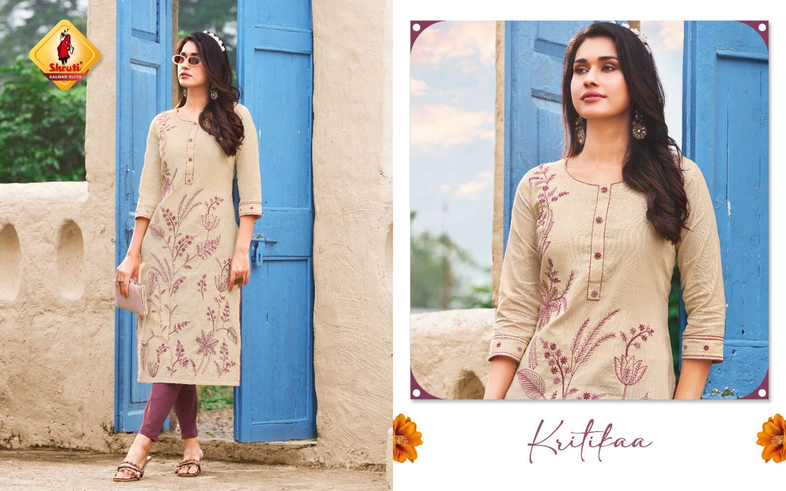 KKASHISH VOL-36 BY SHRUTI SUITS IN PURE COTTON LINEN STYLISH EMBROIDERY WORK KURTI PANT 