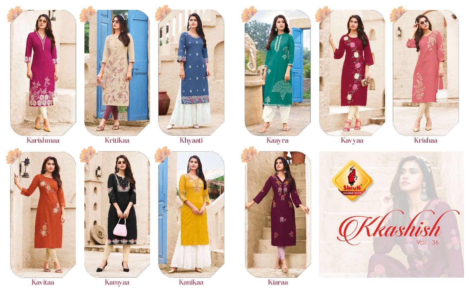 KKASHISH VOL-36 BY SHRUTI SUITS IN PURE COTTON LINEN STYLISH EMBROIDERY WORK KURTI PANT 