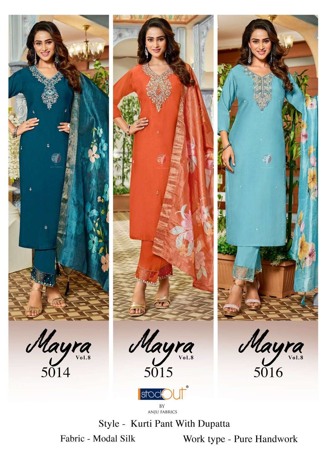 MAYRA VOL-8 BY ANJU FABRICS IN MODAL SILK KURTI PANT & DUPATTA WITH HEAVY HANDWORK 