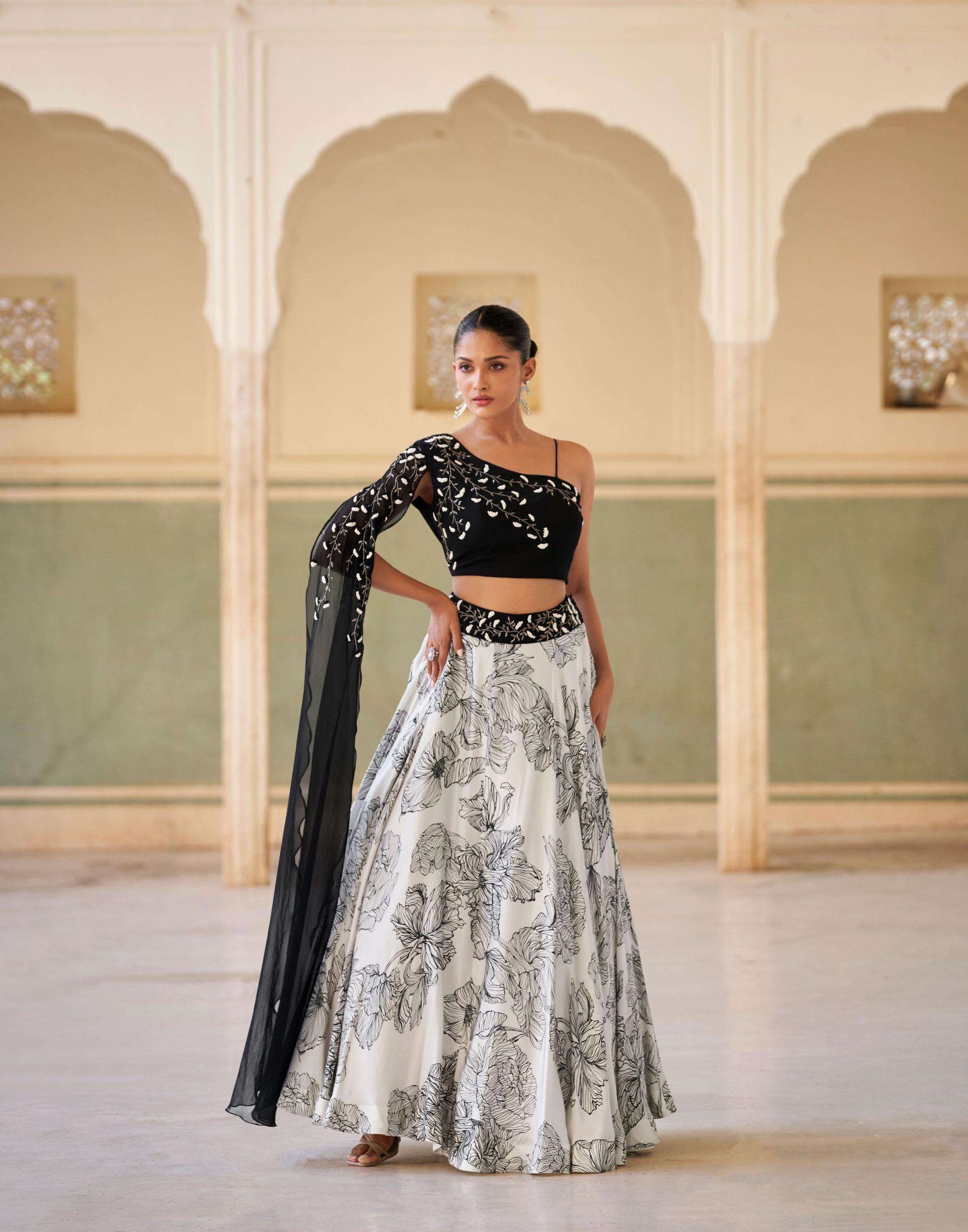 QAYAAMAT BY SAYURI DESIGNER IN REAL CHINON CROP TOP LHENGHS WITH EMBROIDERED WORK