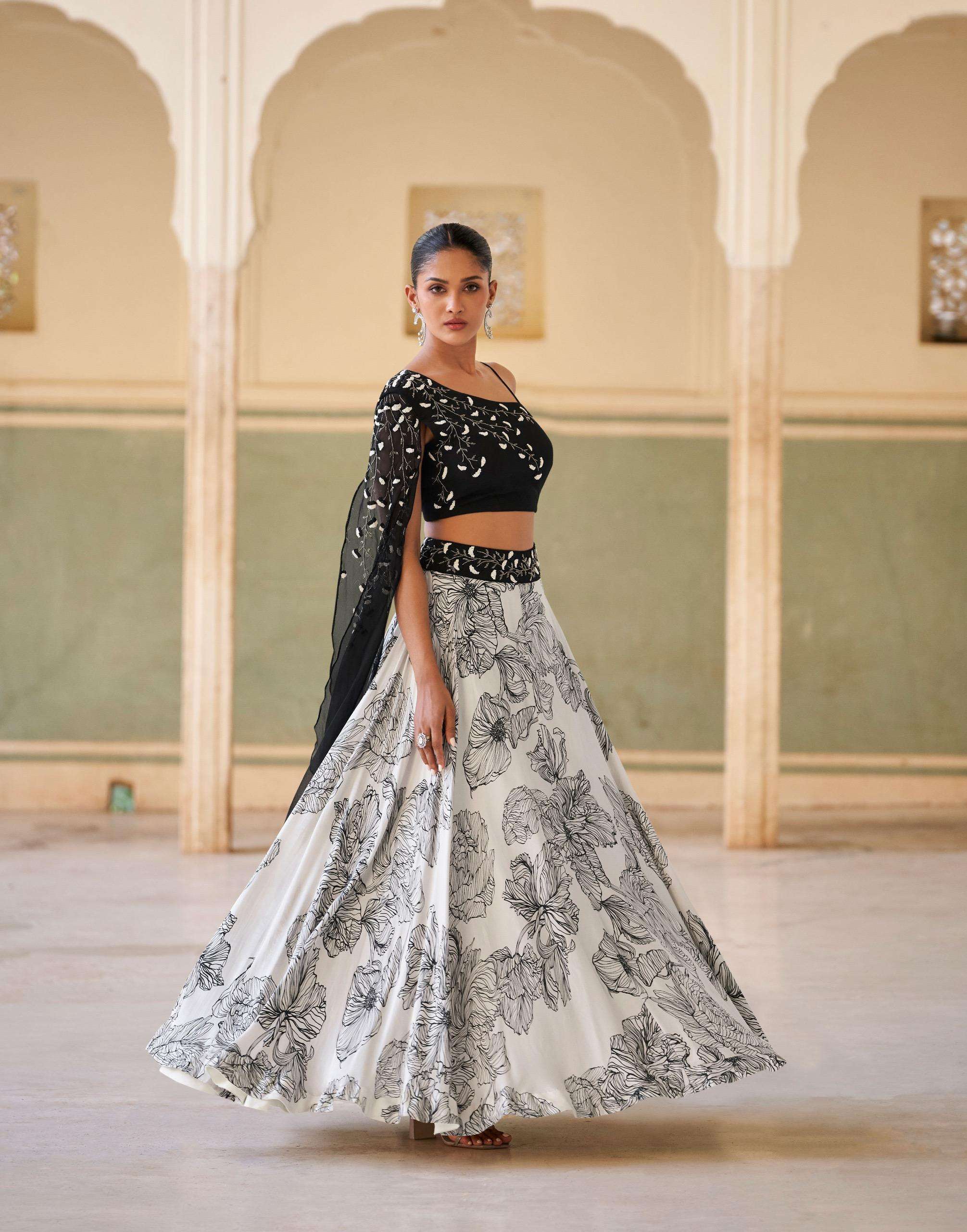 QAYAAMAT BY SAYURI DESIGNER IN REAL CHINON CROP TOP LHENGHS WITH EMBROIDERED WORK