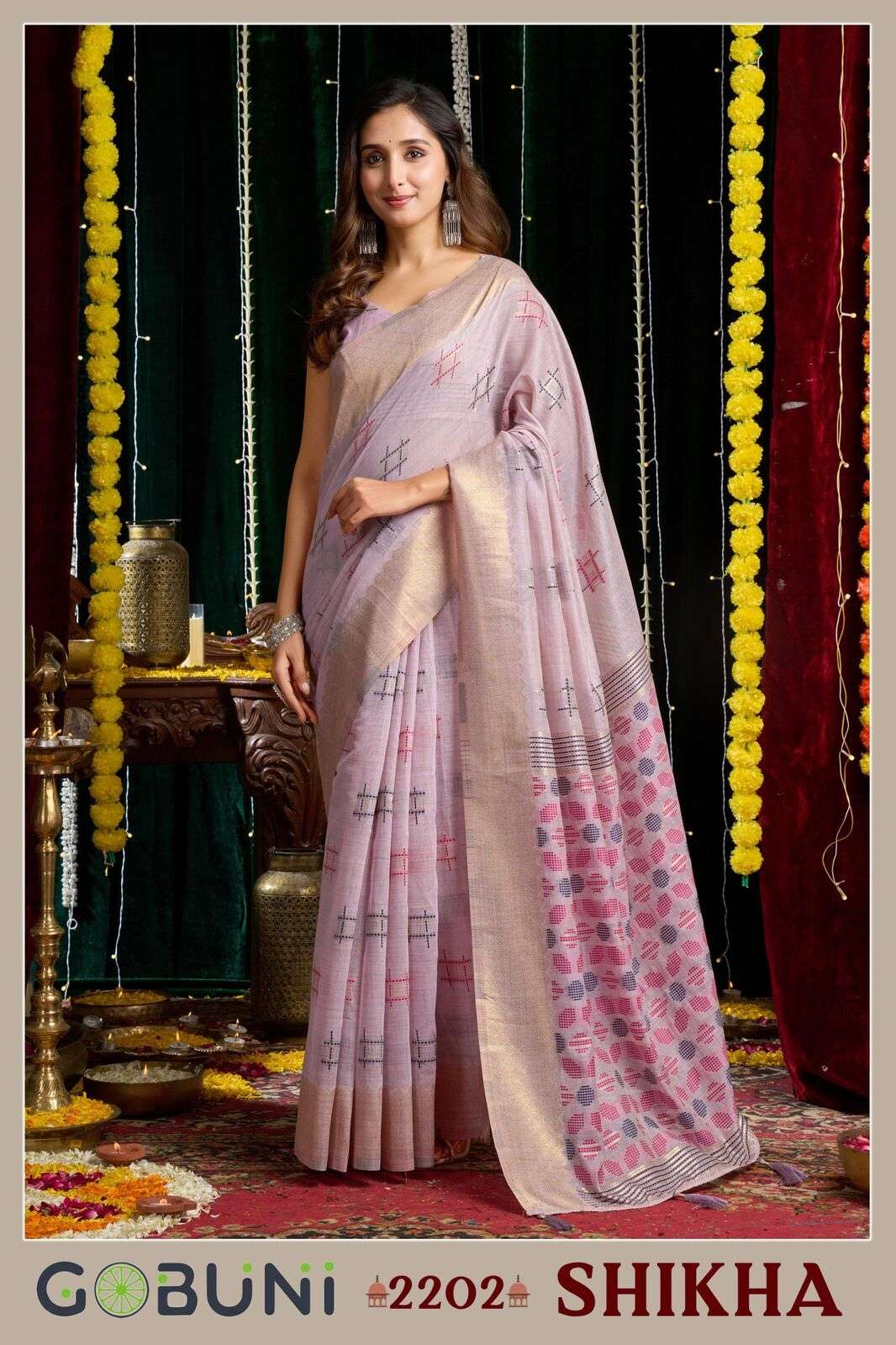 SHIKHA BY GOBUNI IN SOFT & LIGHTWEIGHT SPUN COTTON FABRICS & JARI BORDER WITH ZHALLAR