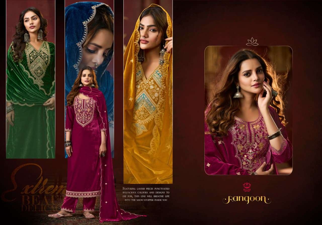 VEDAHI BY RANGOON IN VISCOS VELVET WITH HEAVY WORK AND FULL SANTOON INNER 