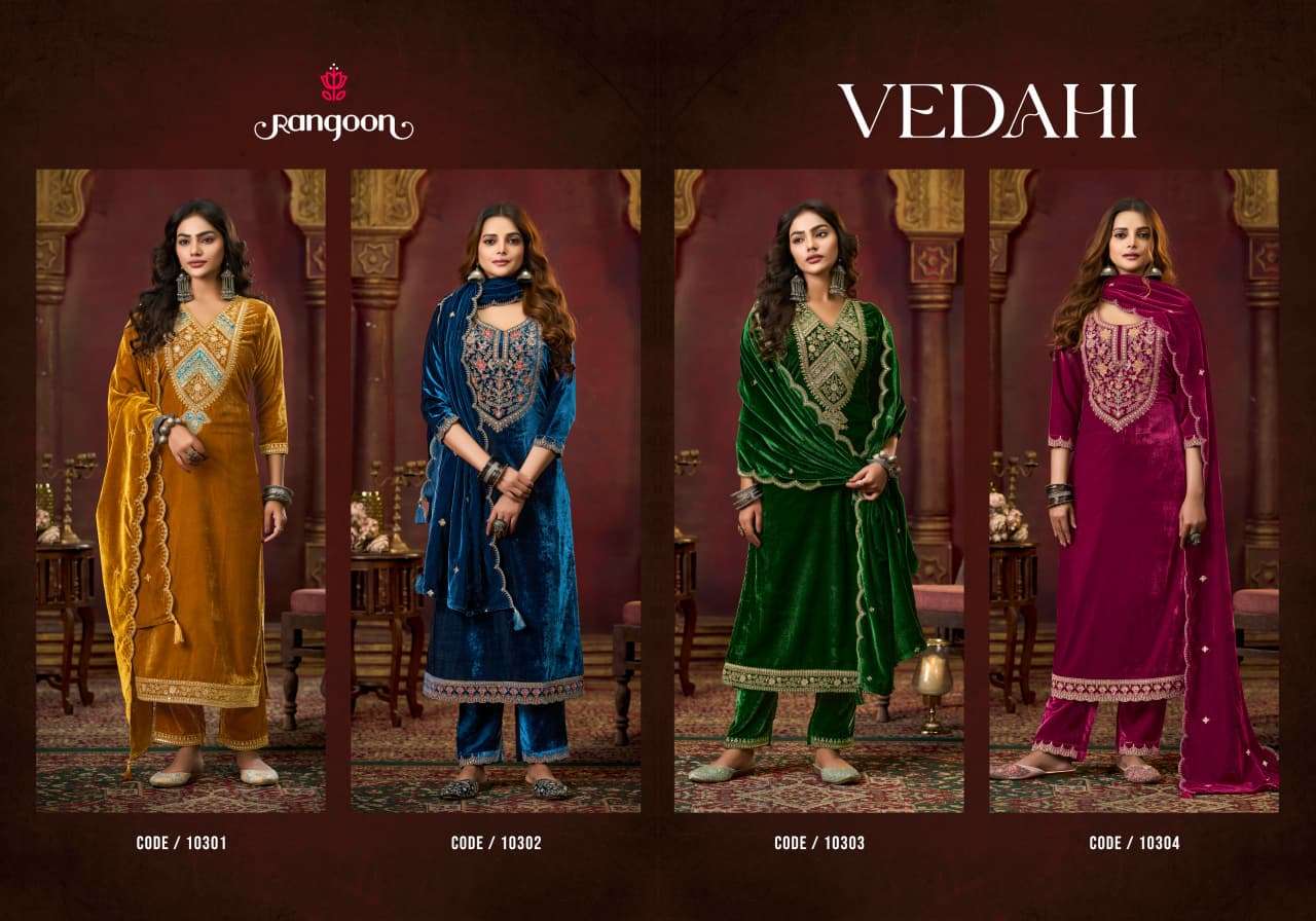 VEDAHI BY RANGOON IN VISCOS VELVET WITH HEAVY WORK AND FULL SANTOON INNER 