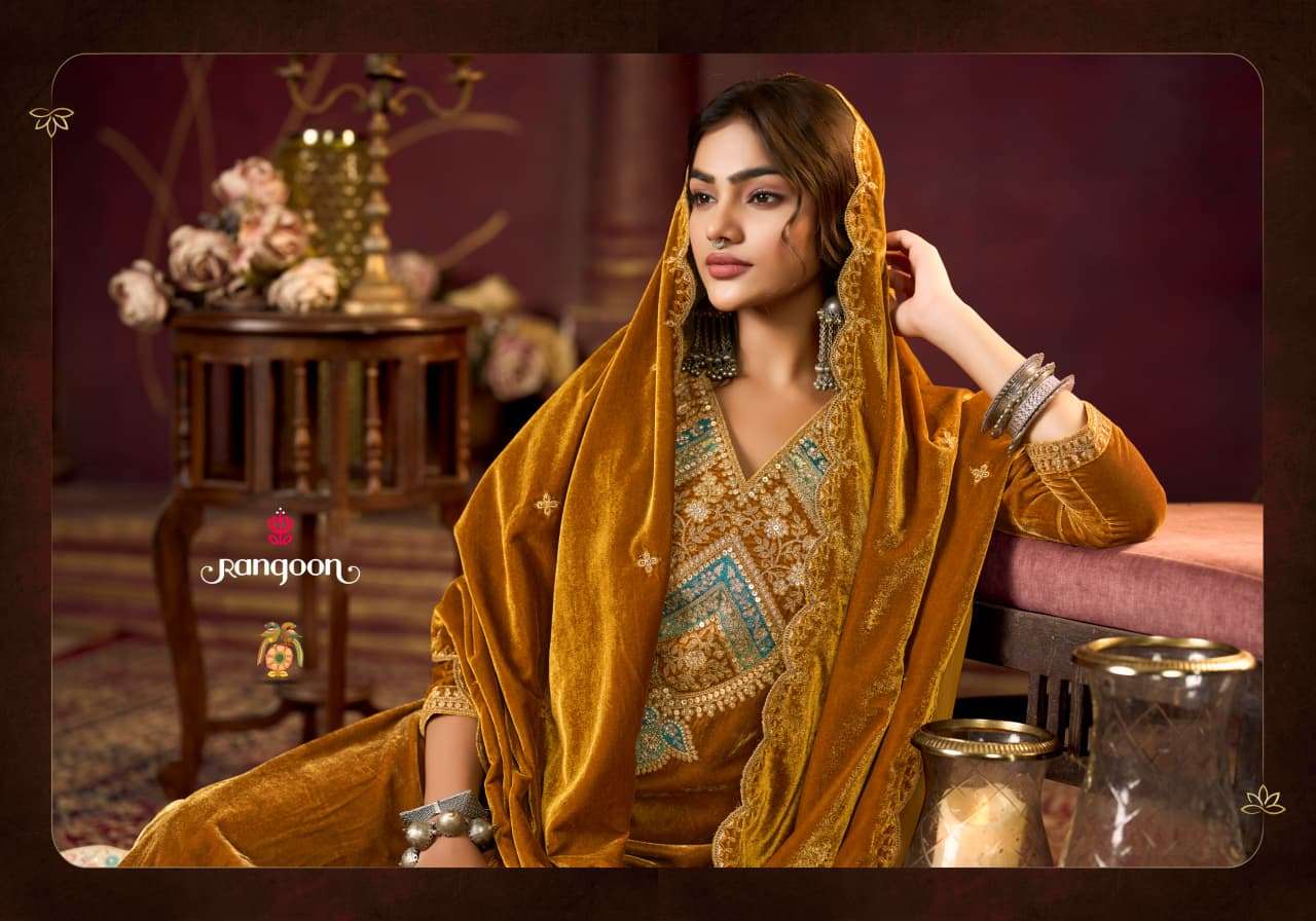 VEDAHI BY RANGOON IN VISCOS VELVET WITH HEAVY WORK AND FULL SANTOON INNER 