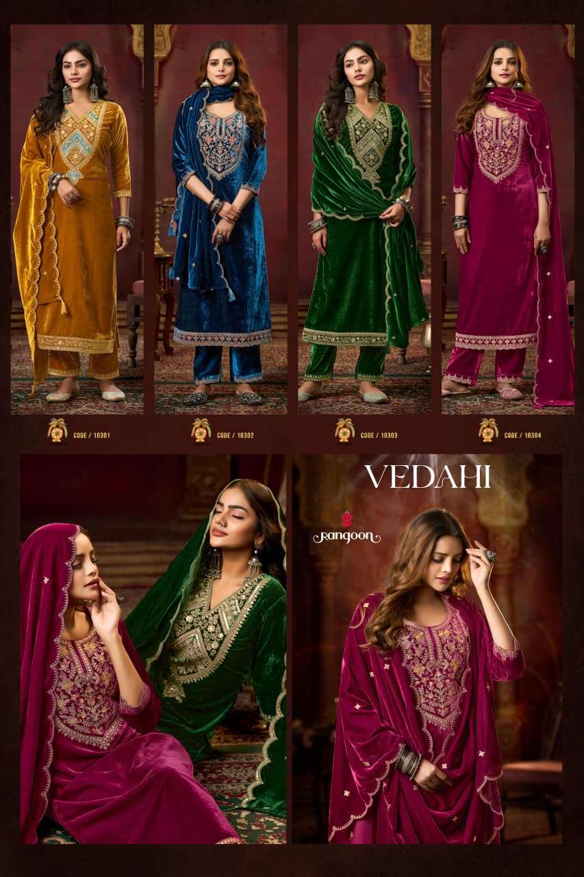 VEDAHI BY RANGOON IN VISCOS VELVET WITH HEAVY WORK AND FULL SANTOON INNER 