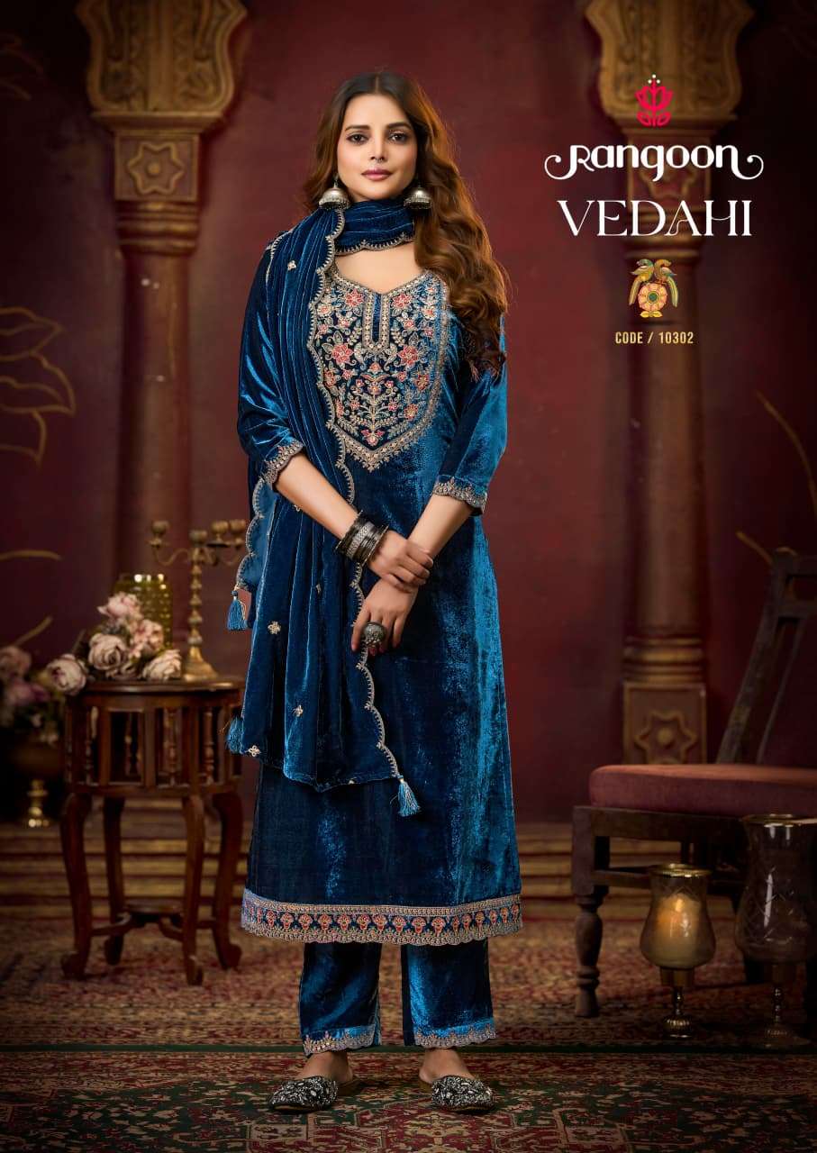 VEDAHI BY RANGOON IN VISCOS VELVET WITH HEAVY WORK AND FULL SANTOON INNER 