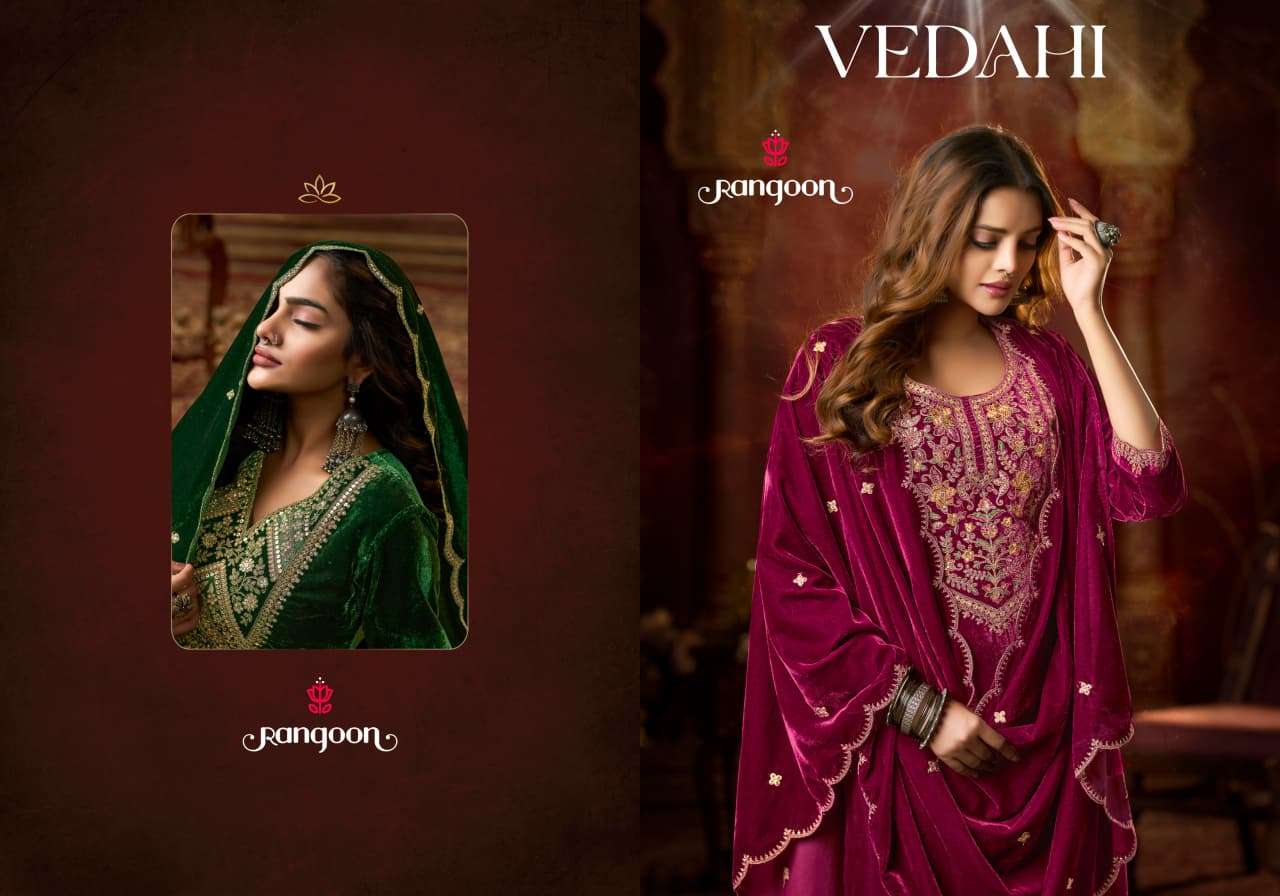 VEDAHI BY RANGOON IN VISCOS VELVET WITH HEAVY WORK AND FULL SANTOON INNER 