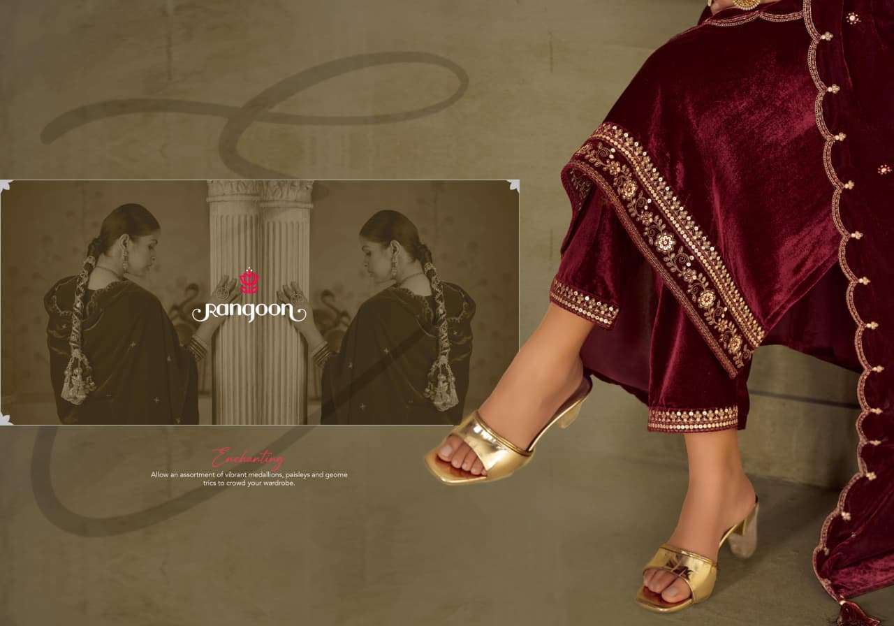 ZARINA BY RANGOON IN VISCOS PINK BRAVO VELVET WITH HEAVY WORK AND FULL INNER 