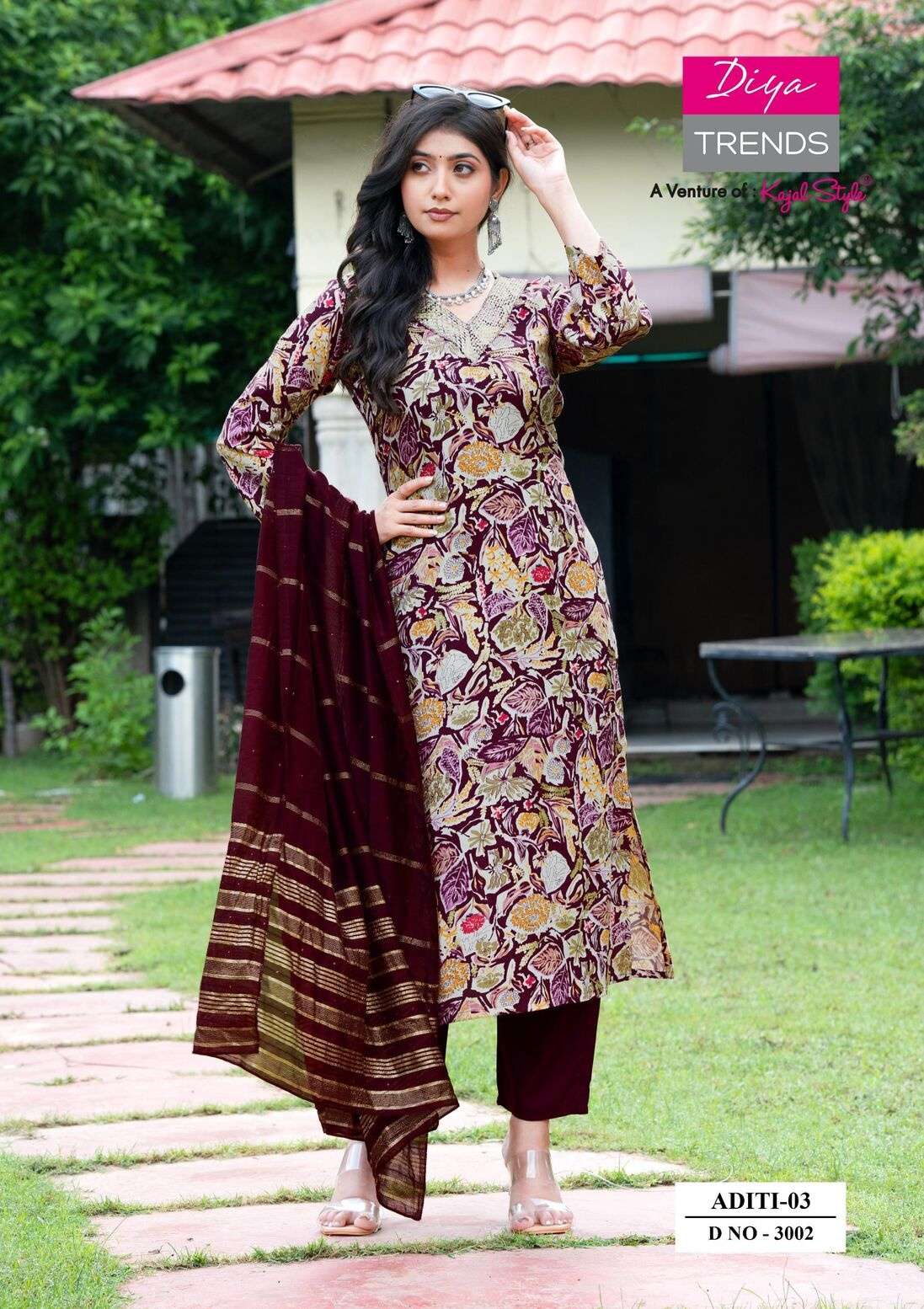 ADITI VOL-3 BY DIYA TRENDZ IN HEAVY RAYON PRINT WITH FULL NECK EMBROIDERY WORK 