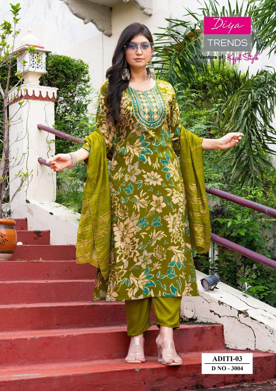 ADITI VOL-3 BY DIYA TRENDZ IN HEAVY RAYON PRINT WITH FULL NECK EMBROIDERY WORK 