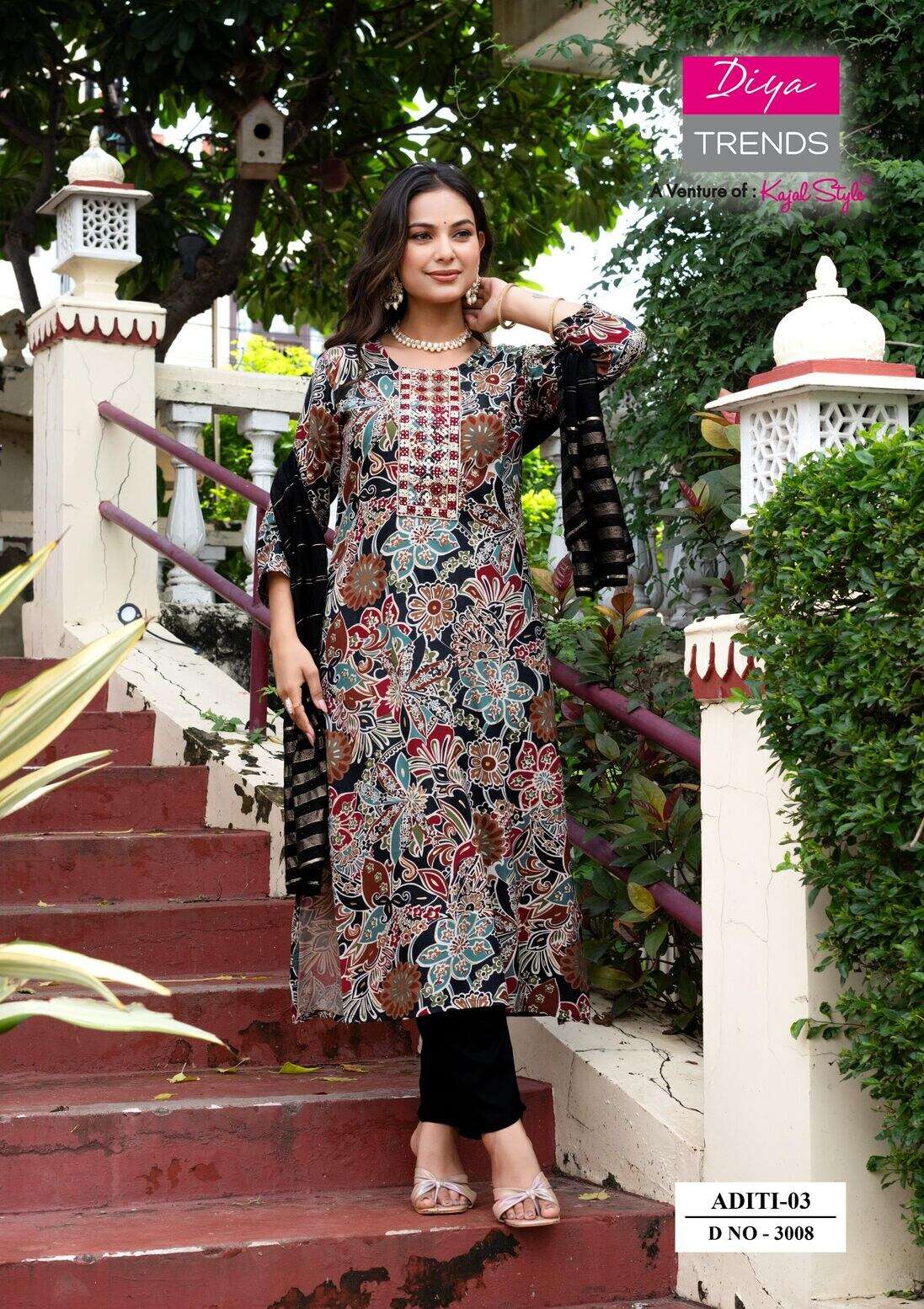 ADITI VOL-3 BY DIYA TRENDZ IN HEAVY RAYON PRINT WITH FULL NECK EMBROIDERY WORK 
