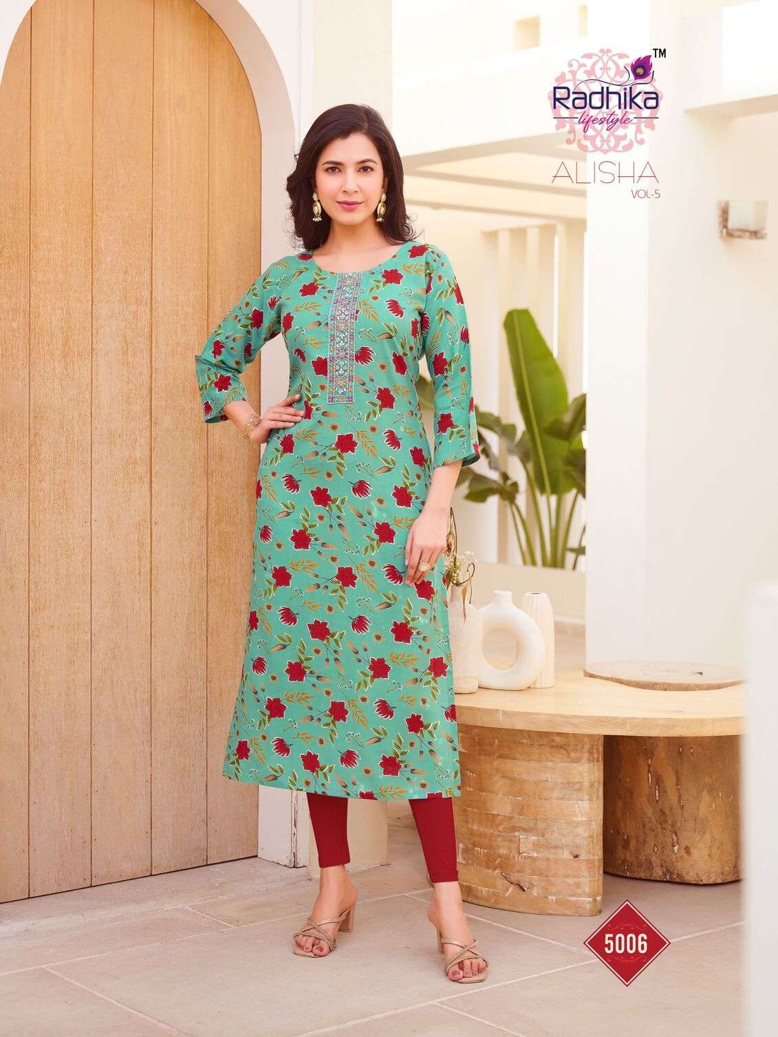 ALISHA VOL-5 BY RADHIKA LIFESTYLE IN LIVA REYON PRINT WITH BANDHANI PRINT & WORK 