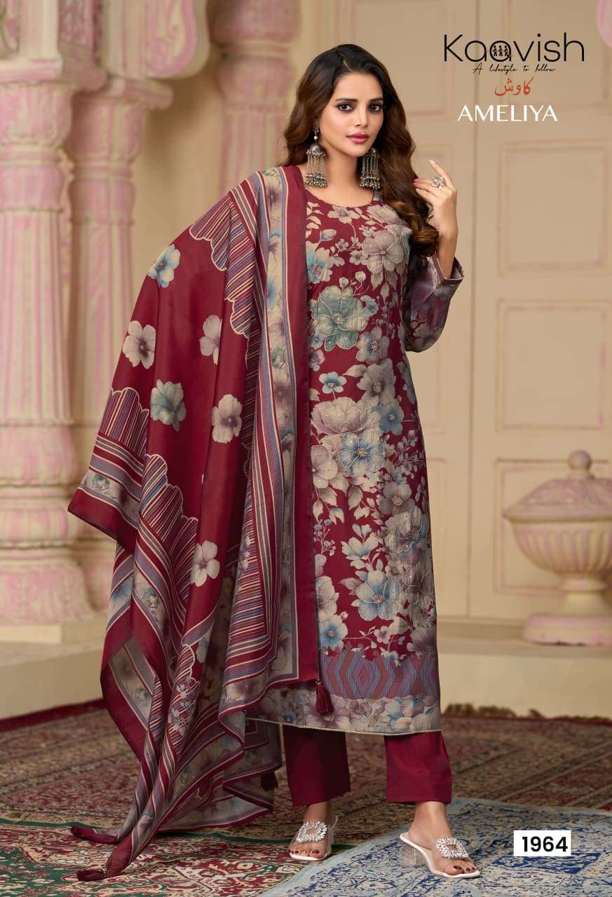 AMELIYA BY KAAVISH IN PURE MODAL SILK DIGITAL FOIL PRINT WITH FANCY AARI HANDWORK 