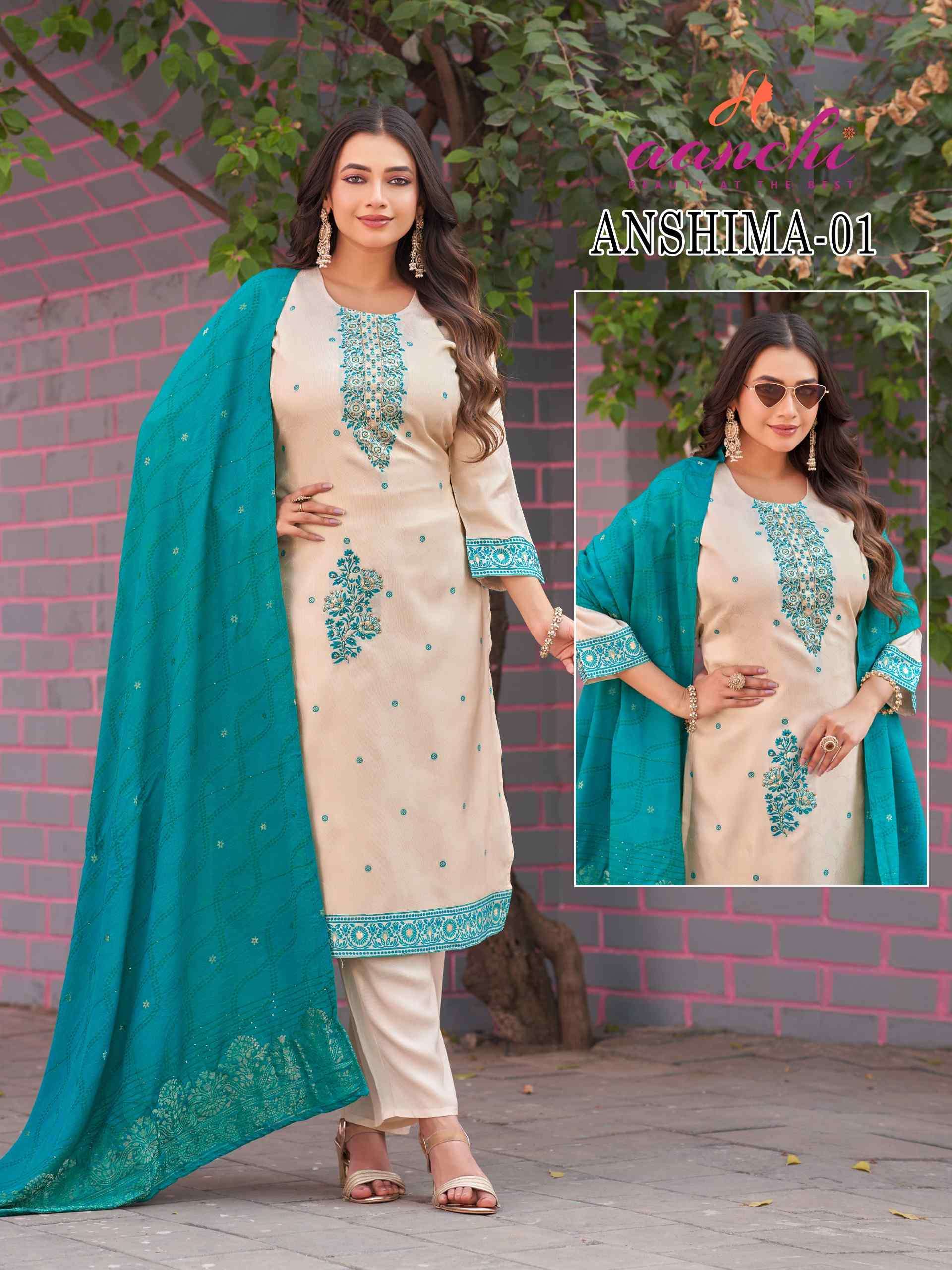 ANSHIMA-01 BY AANCHI IN COSMOS DYED WITH FANCY JACQUARD DUPATTA WORK 