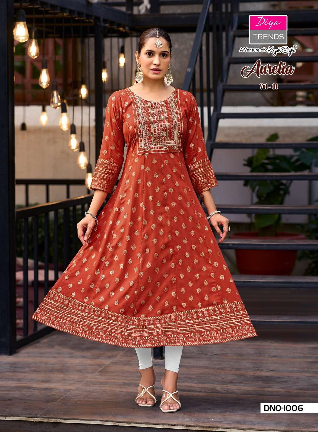 AURELIA BY DIYA TRENDS IN RAYON FOIL PRINT WITH FANCY EMBROIDERY WORK KURTI GOWNS 