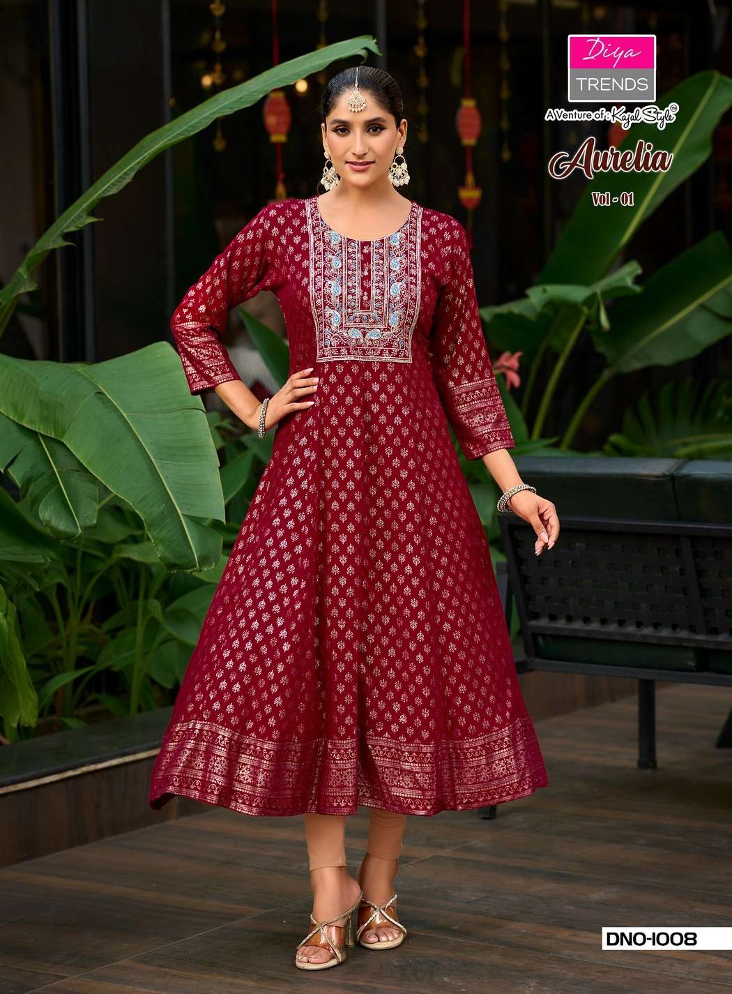 AURELIA BY DIYA TRENDS IN RAYON FOIL PRINT WITH FANCY EMBROIDERY WORK KURTI GOWNS 