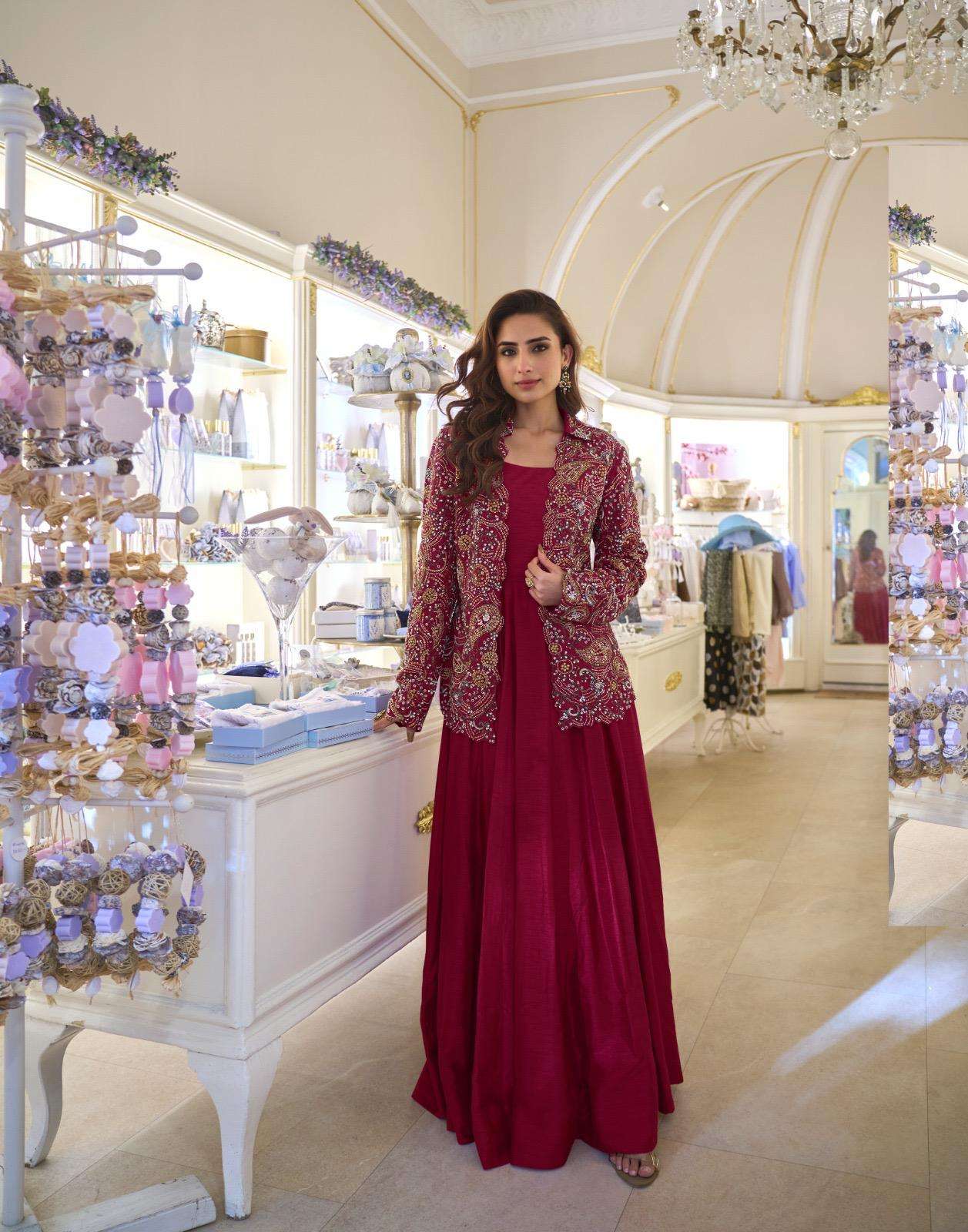 BELINA BY SAYURI DESIGNER IN PREMIUM REAL SILK GOWN WITH FRONT AND BACK WORK JACKET