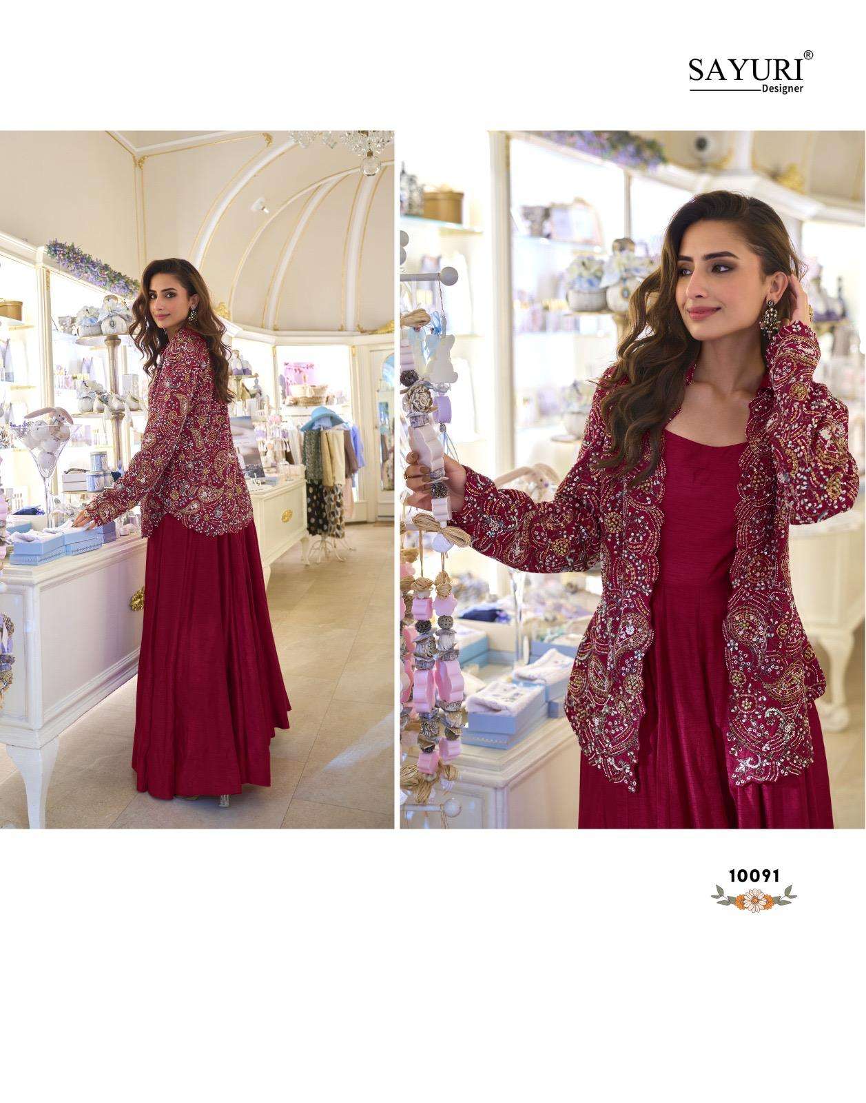 BELINA BY SAYURI DESIGNER IN PREMIUM REAL SILK GOWN WITH FRONT AND BACK WORK JACKET