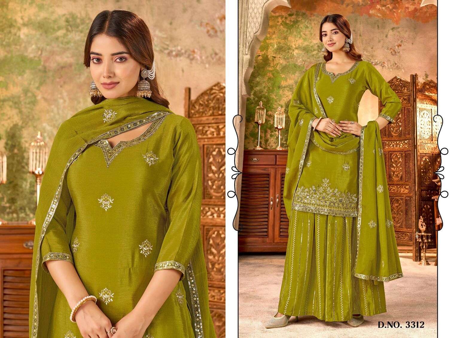 D.NO :- 3312 BY LADIES FLAVOUR IN HEAVY CHINON WITH EMBROIDERY WORK AND INNER 