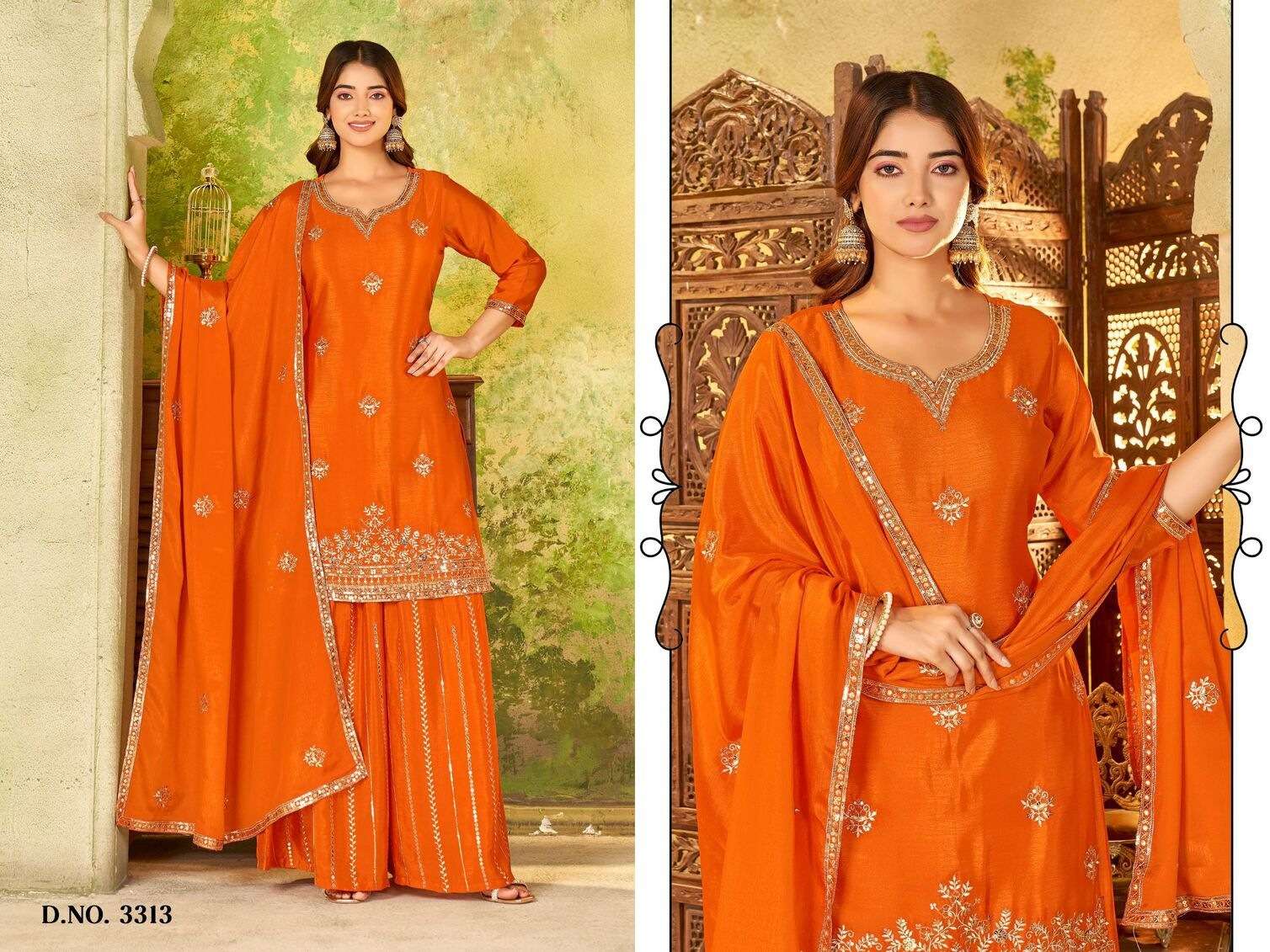 D.NO :- 3313 BY LADIES FLAVOUR IN HEAVY CHINON WITH EMBROIDERY WORK AND INNER 