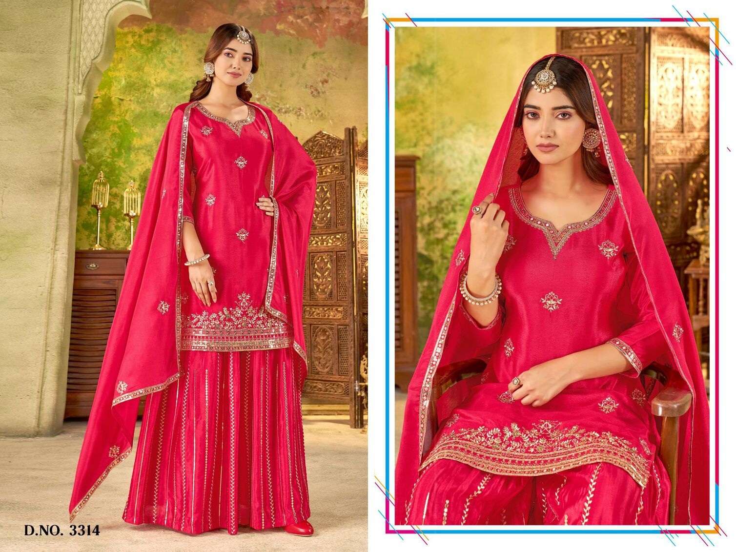 D.NO :- 3314 BY LADIES FLAVOUR IN HEAVY CHINON WITH EMBROIDERY WORK AND INNER 