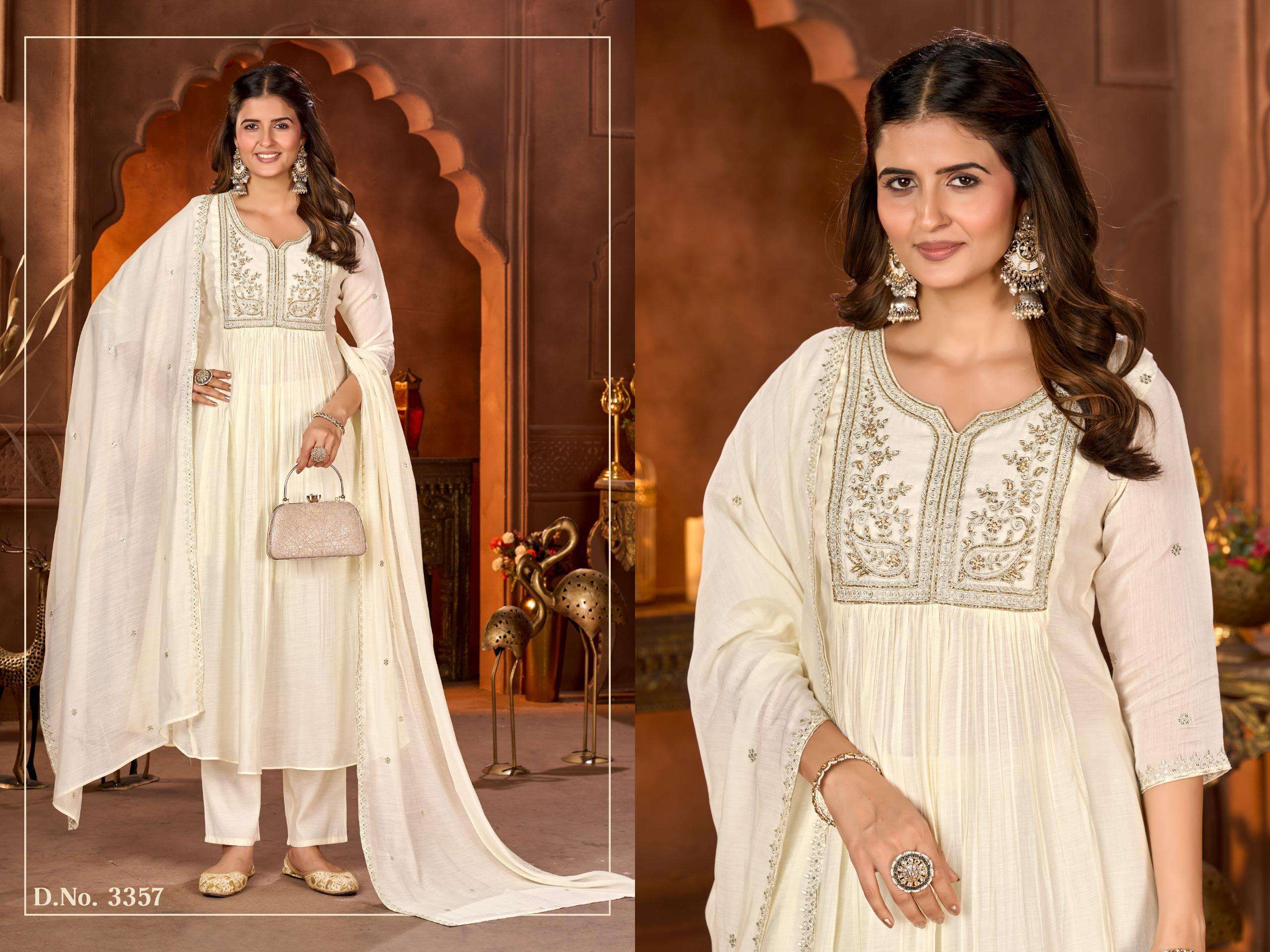 D.NO :- 3357 BY LADIES FLAVOUR IN MULL CHANDERI WITH HANDWORK & COTTON INNER 