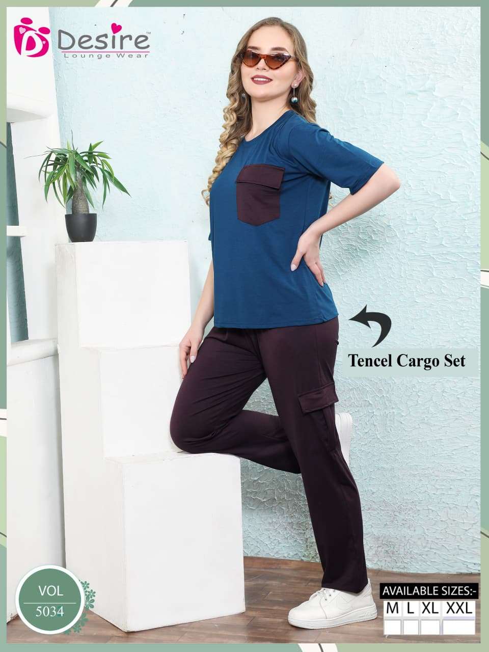 D.NO :- 5034 BY DESIRE LOUNGE WEAR PREMIUM SERIES TENCEL CARGO SET (BAGGY FIT)