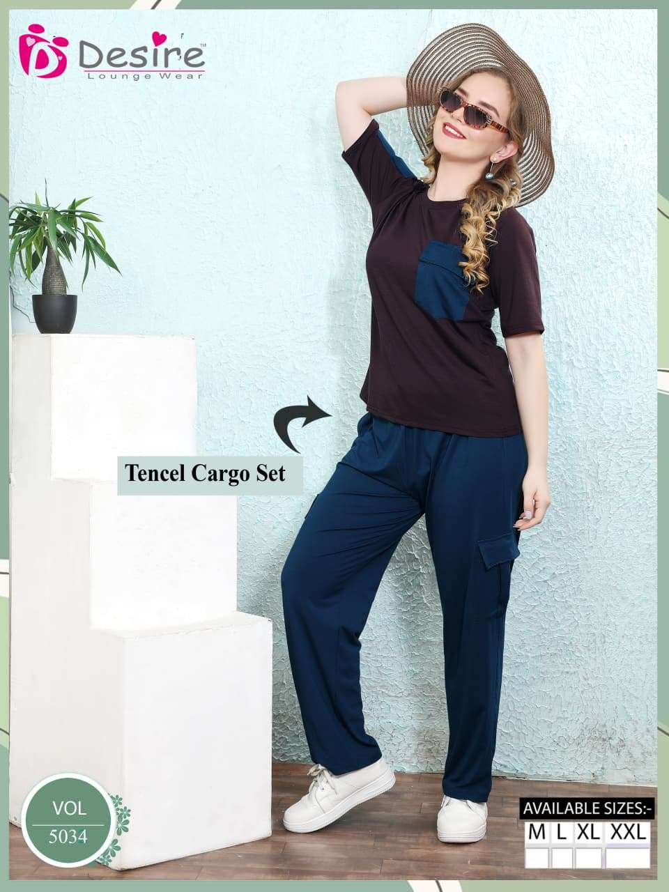 D.NO :- 5034 BY DESIRE LOUNGE WEAR PREMIUM SERIES TENCEL CARGO SET (BAGGY FIT)