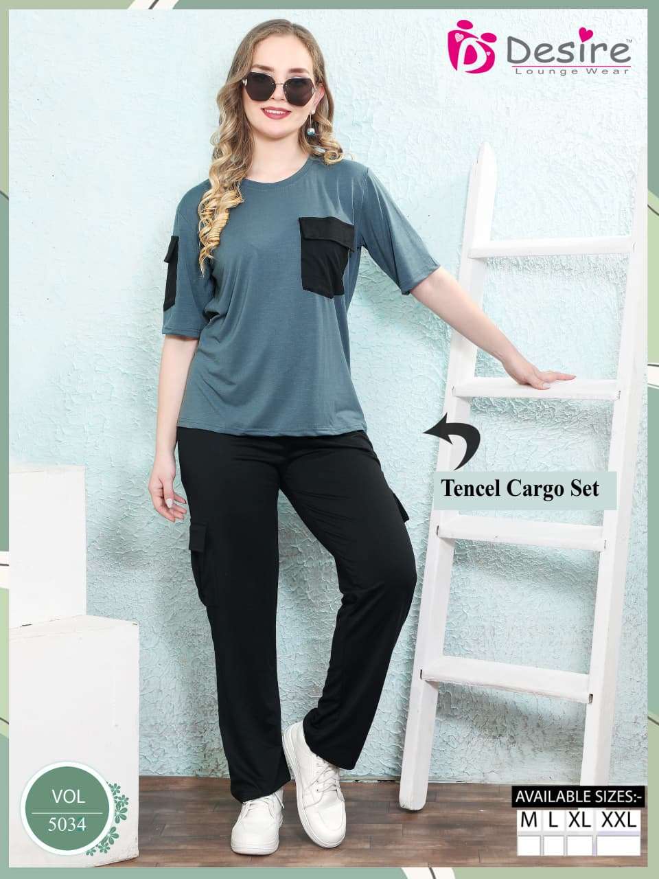 D.NO :- 5034 BY DESIRE LOUNGE WEAR PREMIUM SERIES TENCEL CARGO SET (BAGGY FIT)