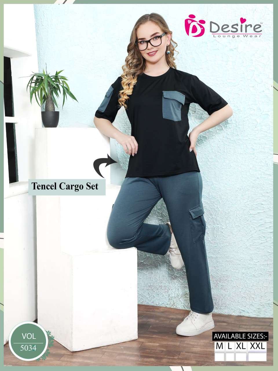 D.NO :- 5034 BY DESIRE LOUNGE WEAR PREMIUM SERIES TENCEL CARGO SET (BAGGY FIT)