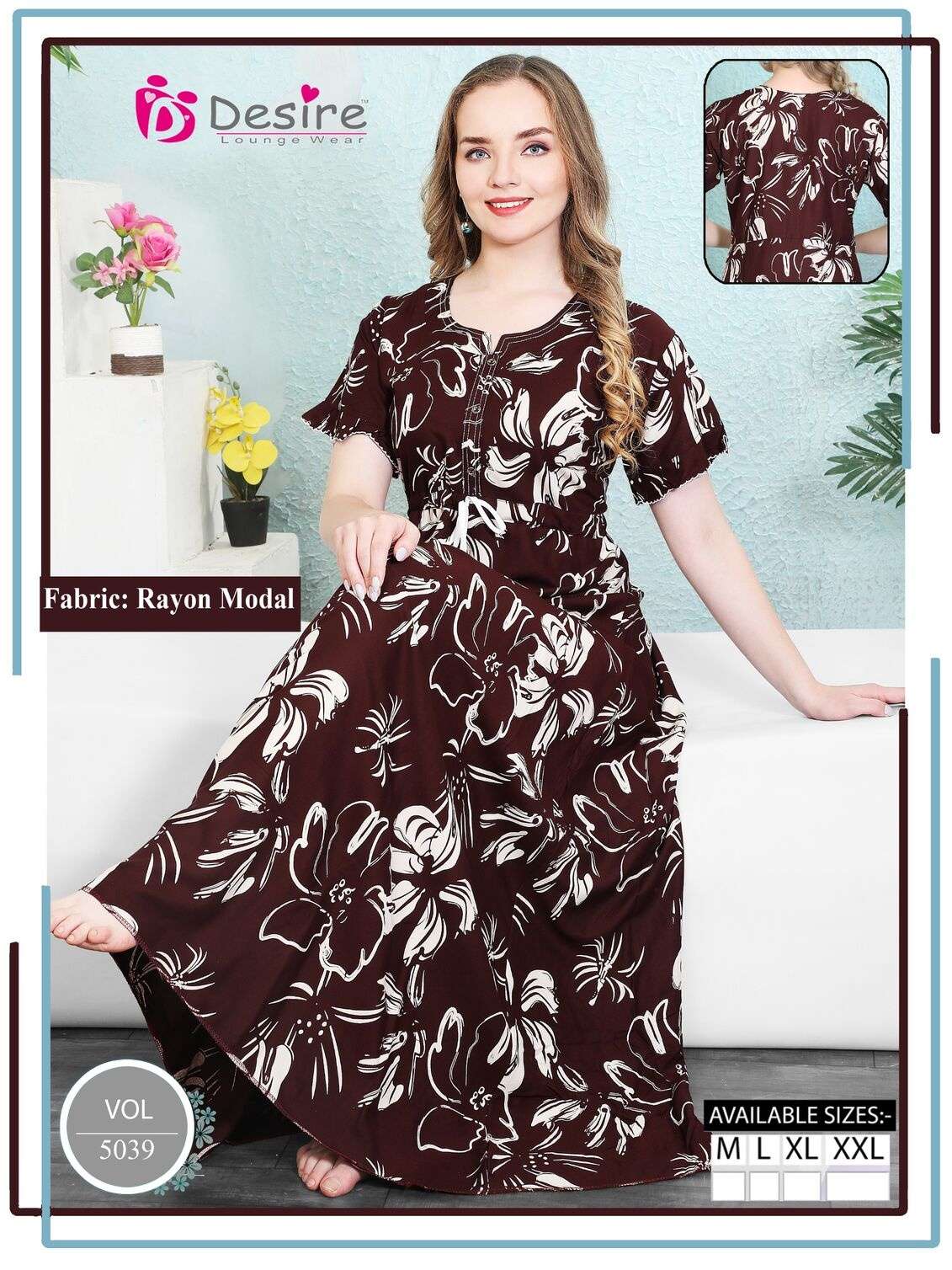 D.NO :- 5039 BY DESIRE LOUNGE WEAR IN RAYON MODAL FROCK STYLE NIGHTY 