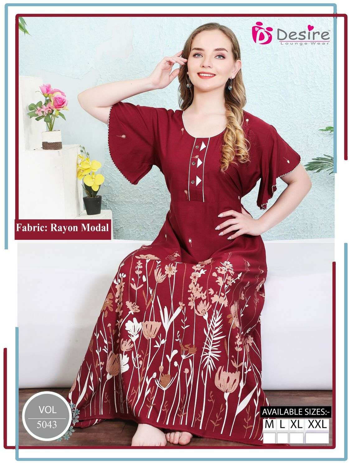 D.NO :- 5043 BY DESIRE LOUNGE WEAR IN RAYON MODAL FROCK STYLE NIGHTY 