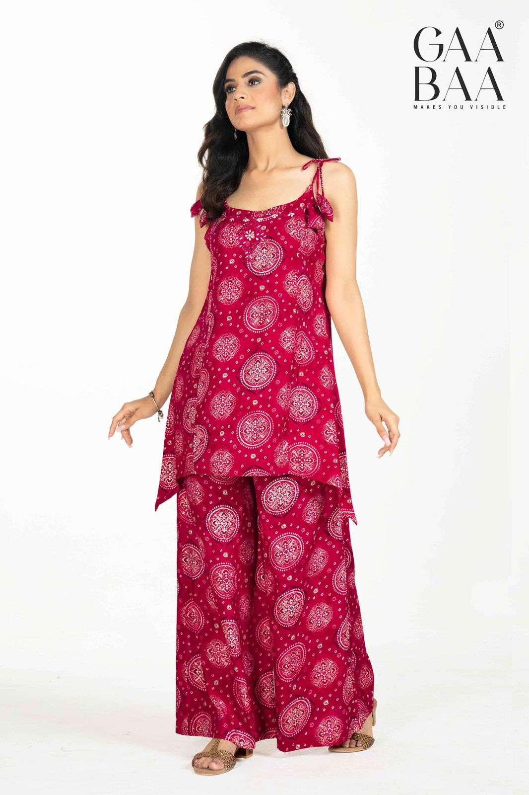 D.NO :- 953 BY GAABAA IN HEAVY RAYON BANDHANI PRINT WITH FOIL & MIRROR WORK 