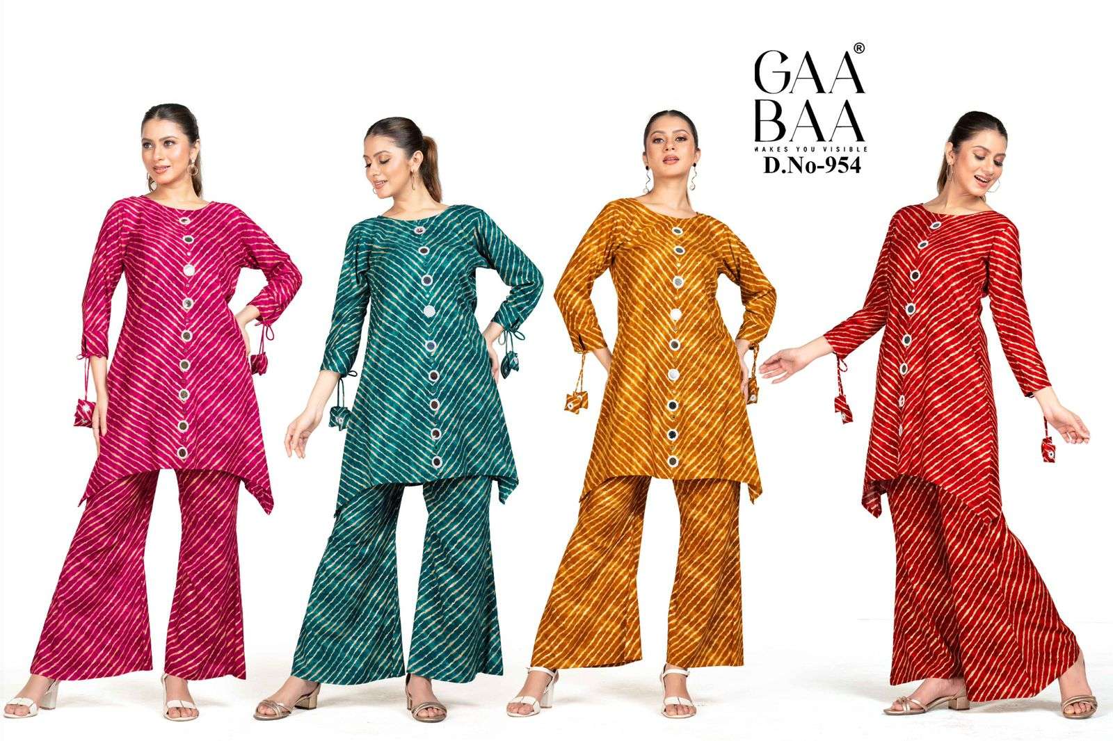 D.NO :- 954 BY GAABAA IN HEAVY RAYON LAHERIYA PRINT WITH FOIL & MIRROR WORK 
