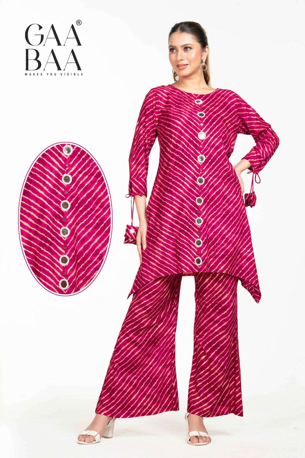 D.NO :- 954 BY GAABAA IN HEAVY RAYON LAHERIYA PRINT WITH FOIL & MIRROR WORK 