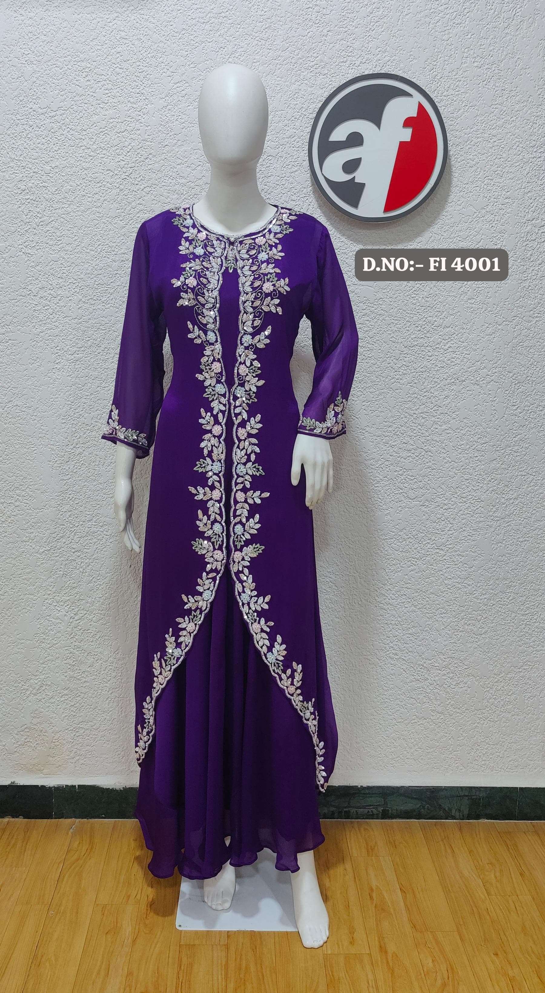 D.NO:- FI 4001 BY ANJU FABRICS IN PURE CHINON CHIFFON LONG GOWN WITH HEAVY JACKET 