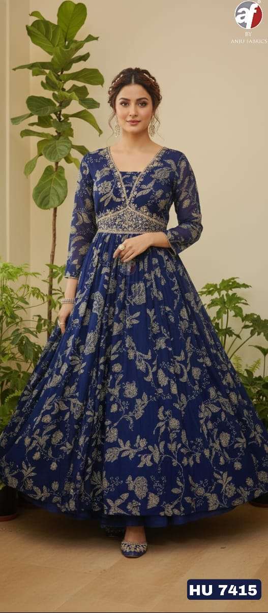 D.NO:- HU 7415 BY ANJU FABRICS IN PURE CHINON CHIFFON DESIGNER FLARED GOWN & DUPATTA