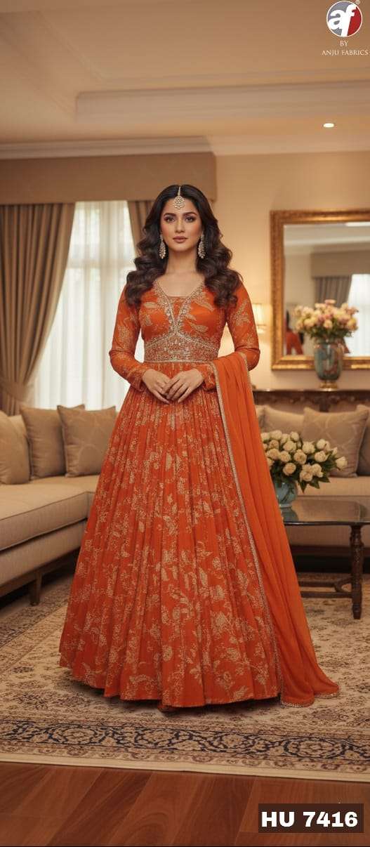 D.NO:- HU 7416 BY ANJU FABRICS IN PURE CHINON CHIFFON DESIGNER FLARED GOWN & DUPATTA