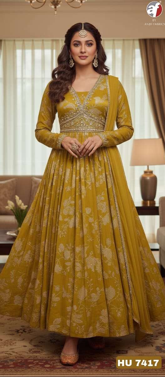 D.NO:- HU 7417 BY ANJU FABRICS IN PURE CHINON CHIFFON DESIGNER FLARED GOWN & DUPATTA