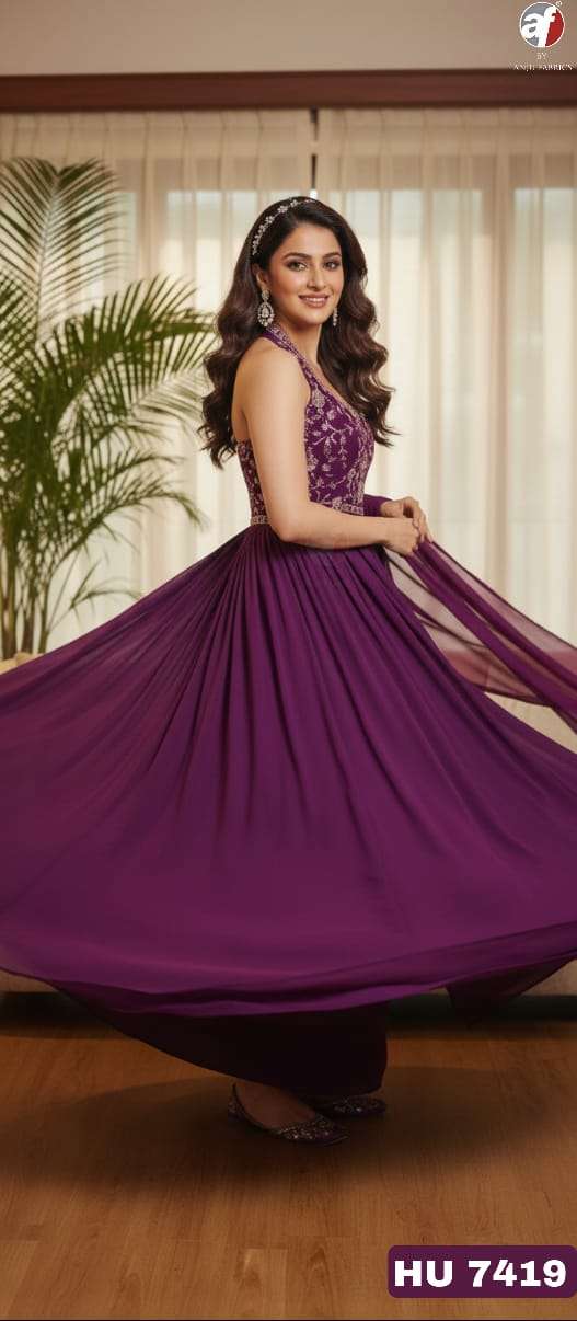 D.NO:- HU 7419 BY ANJU FABRICS IN PURE CHINON CHIFFON DESIGNER FLARED GOWN & DUPATTA