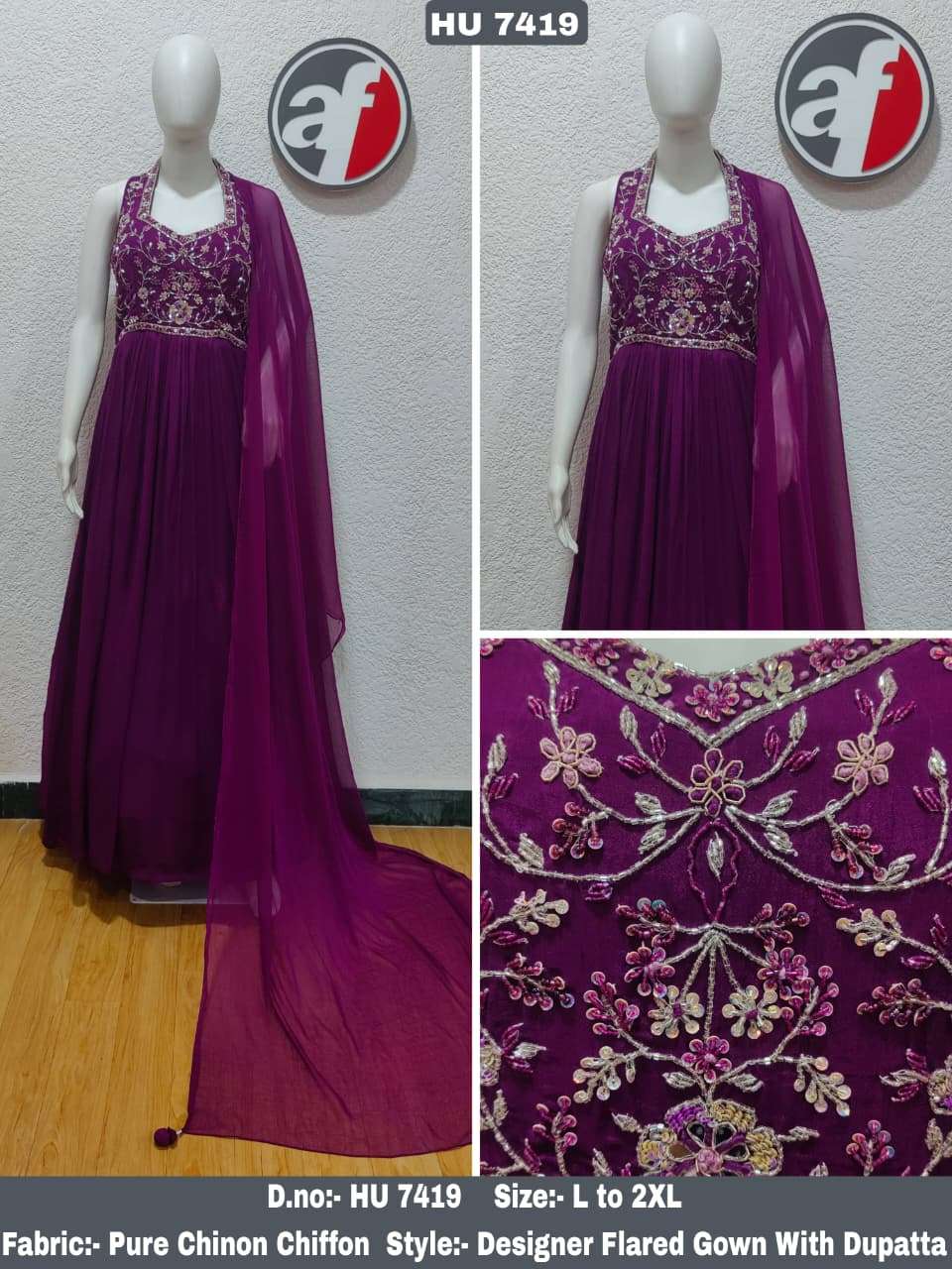 D.NO:- HU 7419 BY ANJU FABRICS IN PURE CHINON CHIFFON DESIGNER FLARED GOWN & DUPATTA