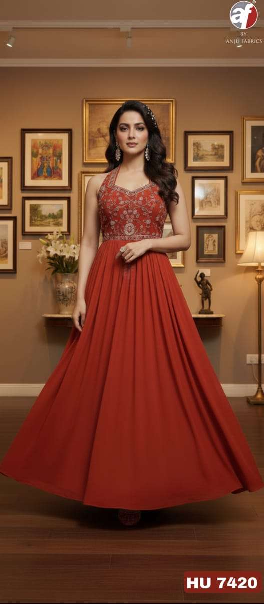 D.NO:- HU 7420 BY ANJU FABRICS IN PURE CHINON CHIFFON DESIGNER FLARED GOWN & DUPATTA