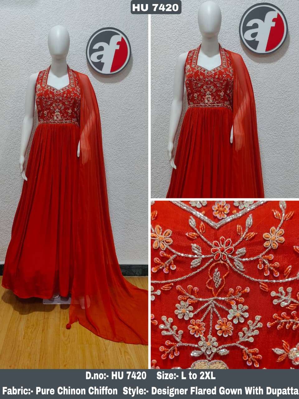 D.NO:- HU 7420 BY ANJU FABRICS IN PURE CHINON CHIFFON DESIGNER FLARED GOWN & DUPATTA